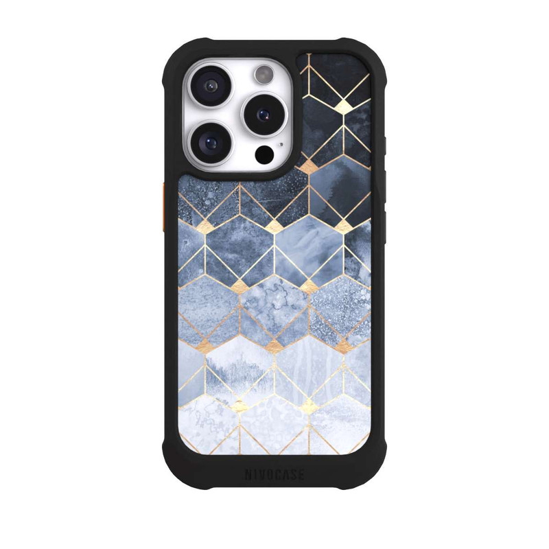 iPhone 16 Pro NIVOmax Blaue Sechsecke und Diamanten Golddruck