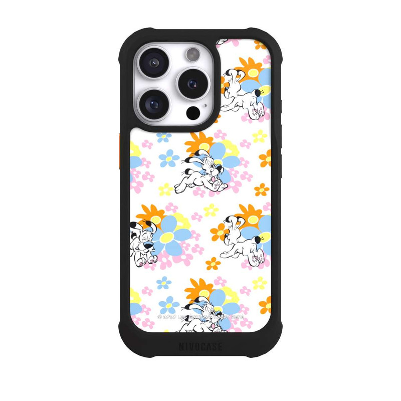 iPhone 16 Pro NIVOmax Idéfix sur fleurs colorées
