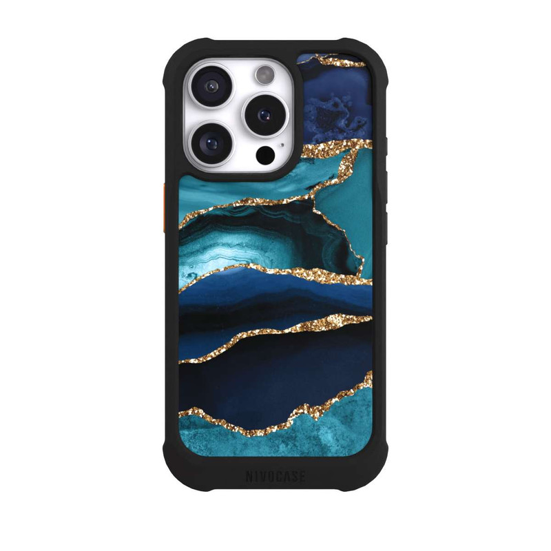 iPhone 16 Pro NIVOmax Aspect pailleté doré marbré bleu foncé et bleu clair