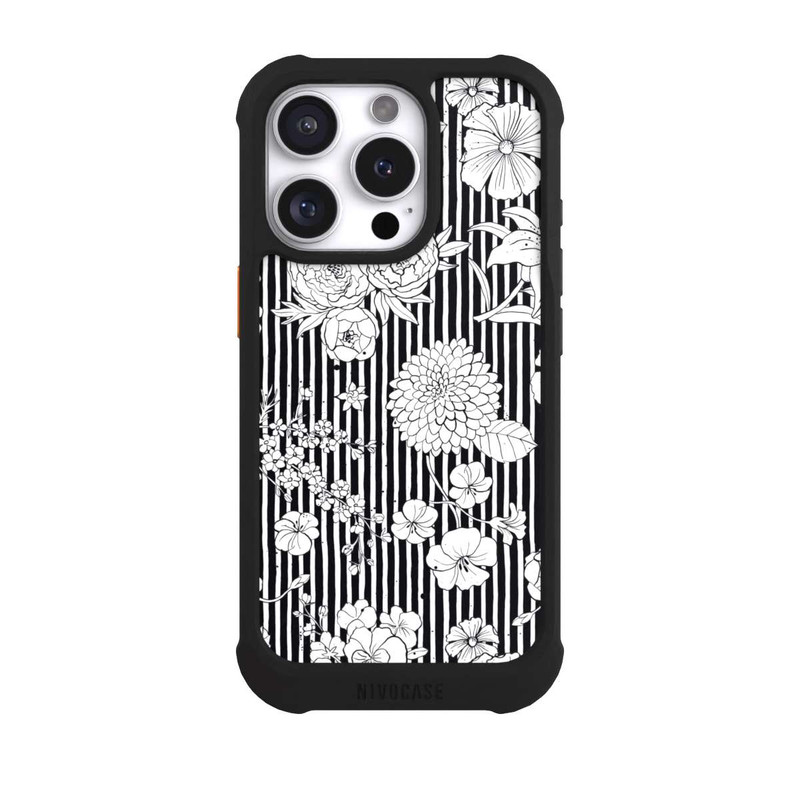 iPhone 16 Pro NIVOmax Blumen und Streifen Schwarz und Weiß