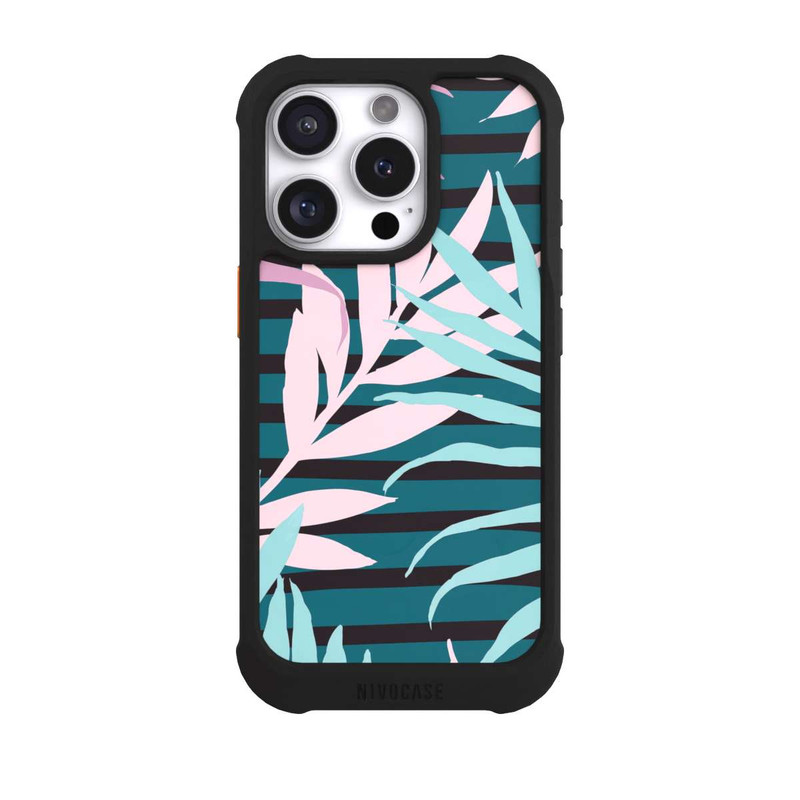 iPhone 16 Pro NIVOmax Pastell-Dschungelblätter rosa blaugrün
