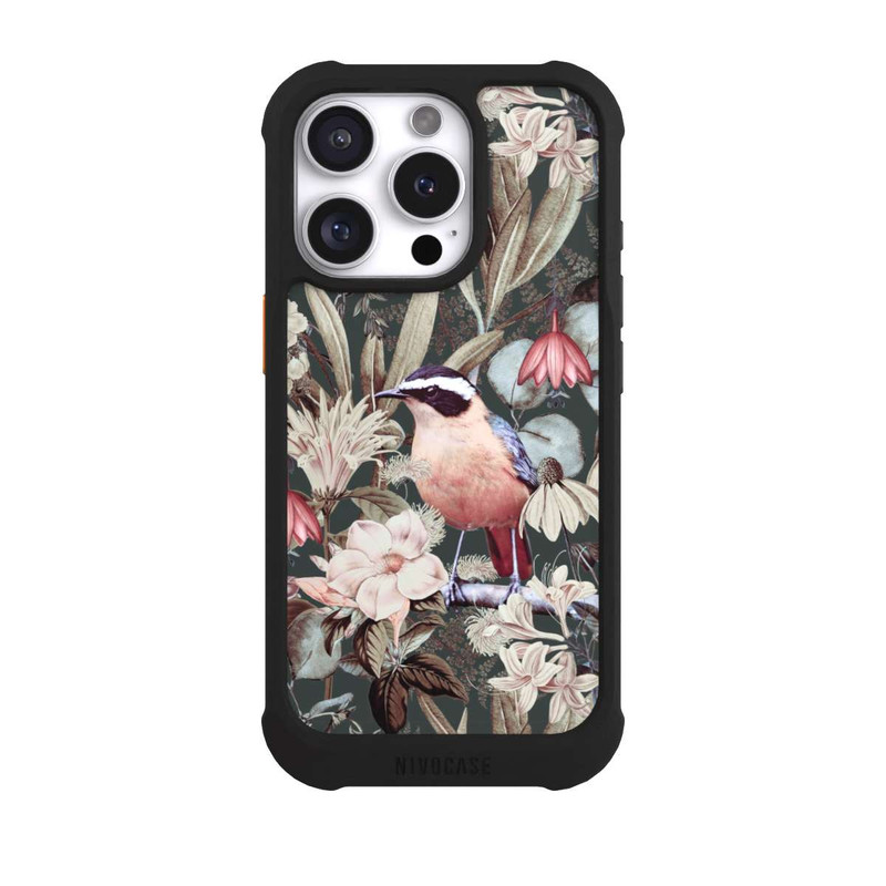 iPhone 16 Pro NIVOmax Orangefarbener Vogel im Vintage Blumenmuster