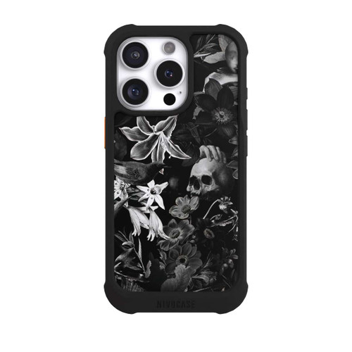 Apple iPhone 16 Pro NIVOmax Totenköpfe und Blumen auf schwarzem Hintergrund