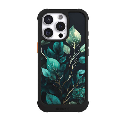 Apple iPhone 16 Pro NIVOmax Grüne Eukalyptus Blätter mit dunklem Hintergrund mit KI