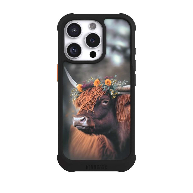 iPhone 16 Pro NIVOmax Vache des Highlands avec des fleurs avec IA
