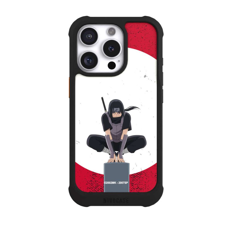iPhone 16 Pro NIVOmax Symbole Itachi Uchiha fond rouge