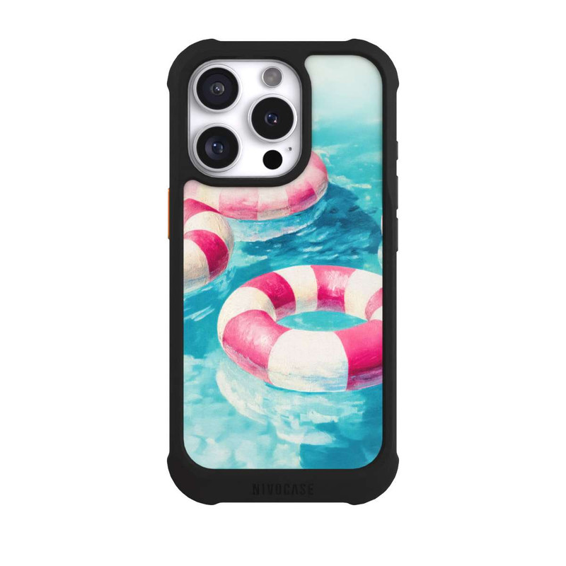 iPhone 16 Pro NIVOmax Gestreifte Schwimmringe im Pool