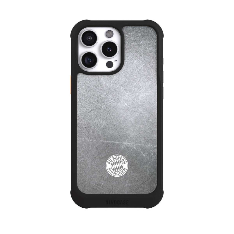 iPhone 16 Pro Max NIVOmax Logo FCB Classique Petit - Blanc sur Fond Métallique