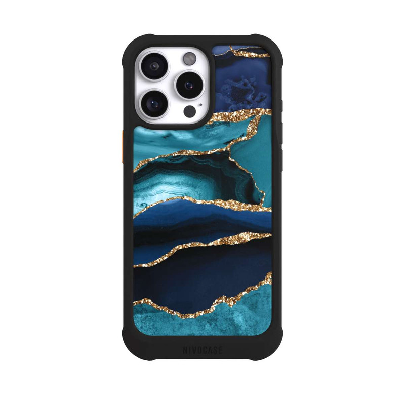 iPhone 16 Pro Max NIVOmax Dark and Light Blue Marble Gold Glitter Look