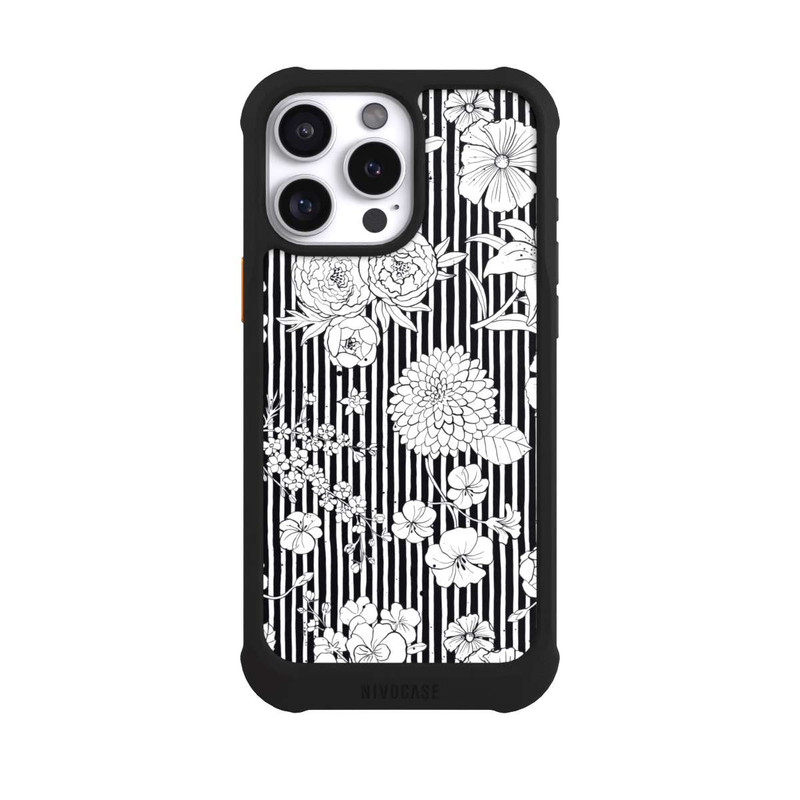 iPhone 16 Pro Max NIVOmax Fleurs et rayures noir et blanc