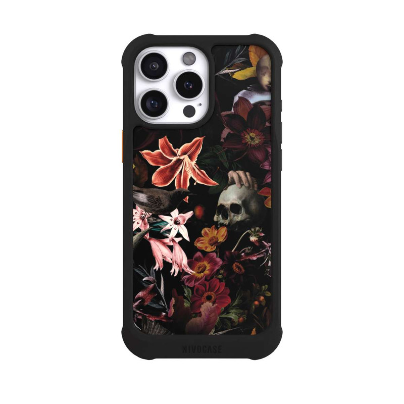 iPhone 16 Pro Max NIVOmax Crânes et fleurs sur fond sombre