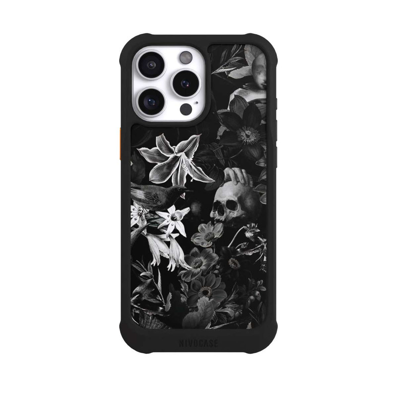 iPhone 16 Pro Max NIVOmax Totenköpfe und Blumen auf schwarzem Hintergrund