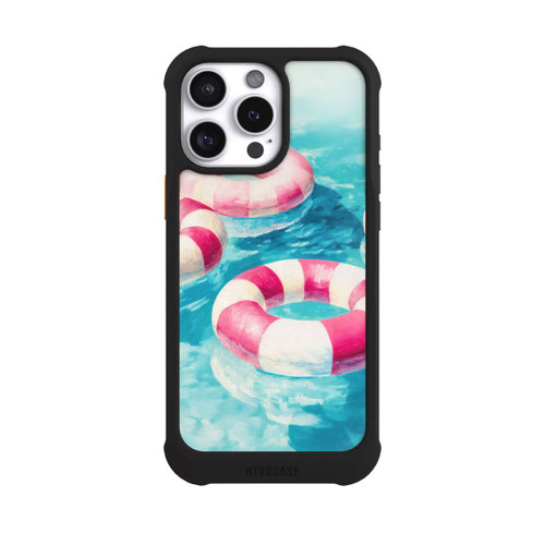 Apple iPhone 16 Pro Max NIVOmax Gestreifte Schwimmringe im Pool