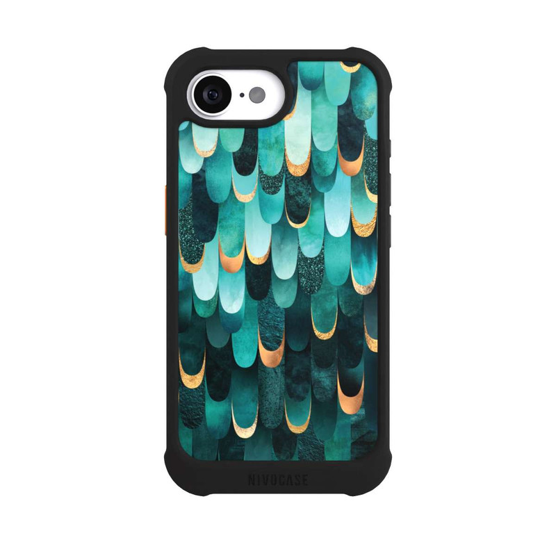 iPhone 16e NIVOmax Imprimé or turquoise à plumes