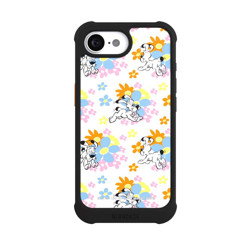 iPhone 16e NIVOmax Idéfix sur fleurs colorées