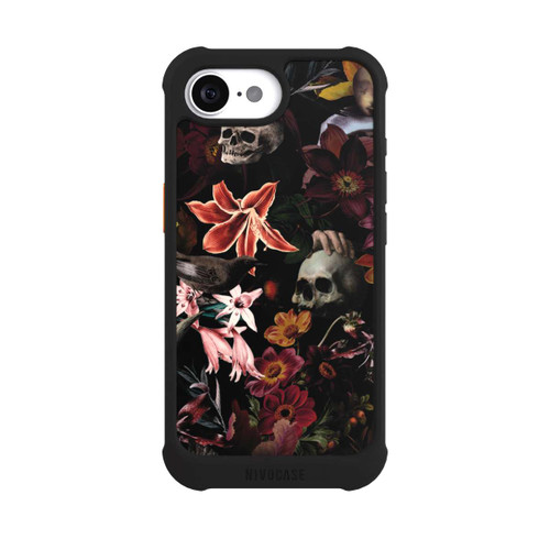 Apple iPhone 16e NIVOmax Totenköpfe und Blumen auf dunklem Hintergrund