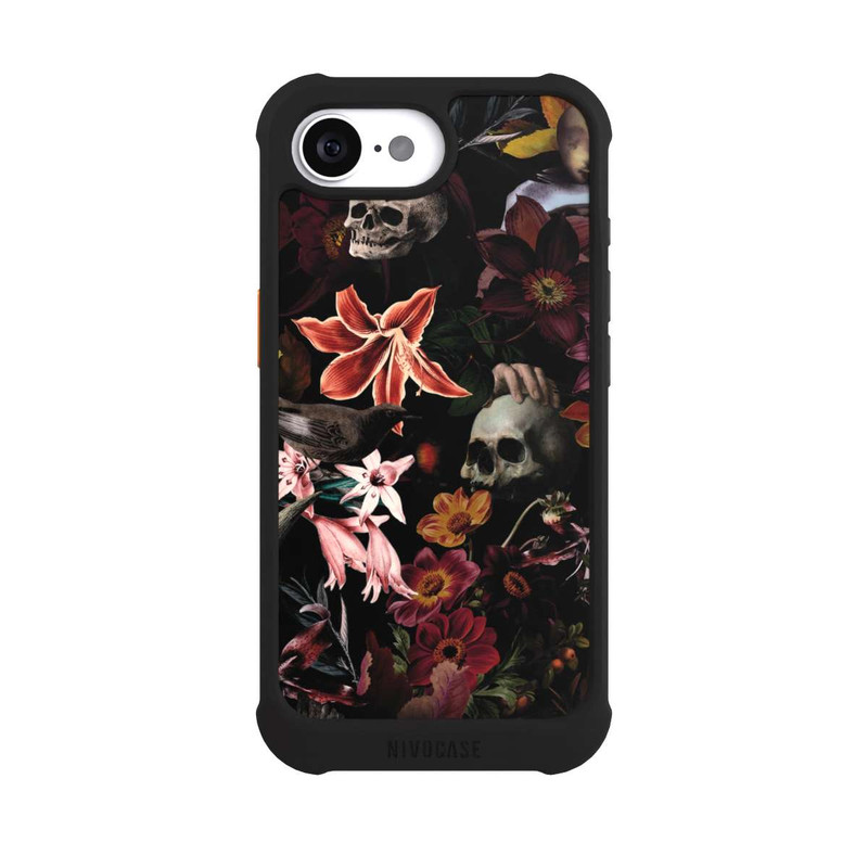 iPhone 16e NIVOmax Totenköpfe und Blumen auf dunklem Hintergrund