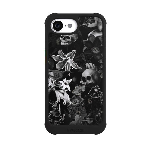 Apple iPhone 16e NIVOmax Totenköpfe und Blumen auf schwarzem Hintergrund