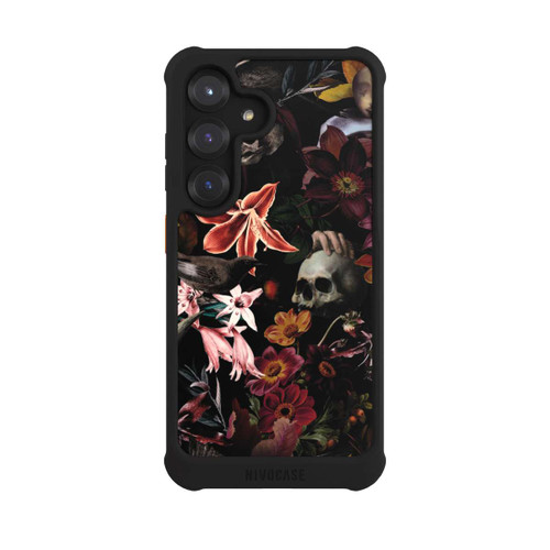 Samsung Galaxy S25 NIVOmax Totenköpfe und Blumen auf dunklem Hintergrund