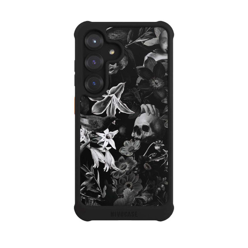 Samsung Galaxy S25 NIVOmax Totenköpfe und Blumen auf schwarzem Hintergrund