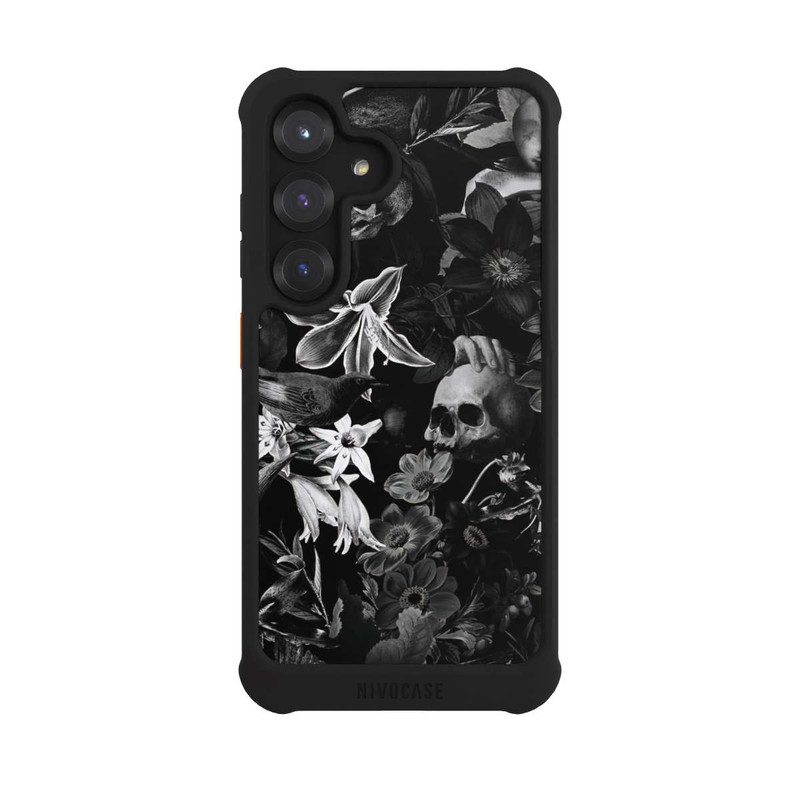 Galaxy S25 NIVOmax Totenköpfe und Blumen auf schwarzem Hintergrund