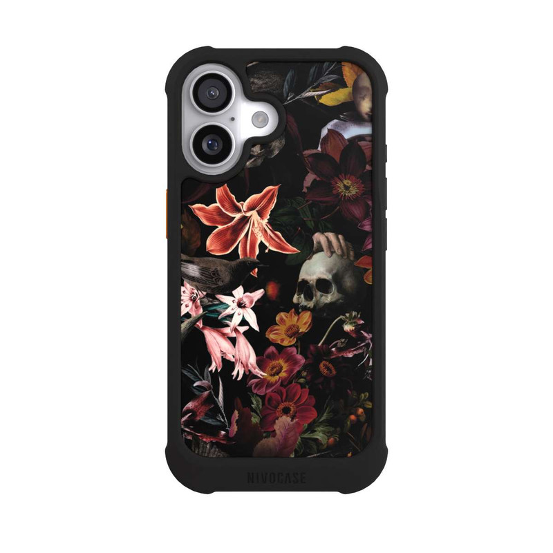 iPhone 17 NIVOmax Skulls and Flowers on Dark Background