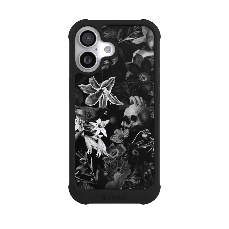 iPhone 17 NIVOmax Totenköpfe und Blumen auf schwarzem Hintergrund