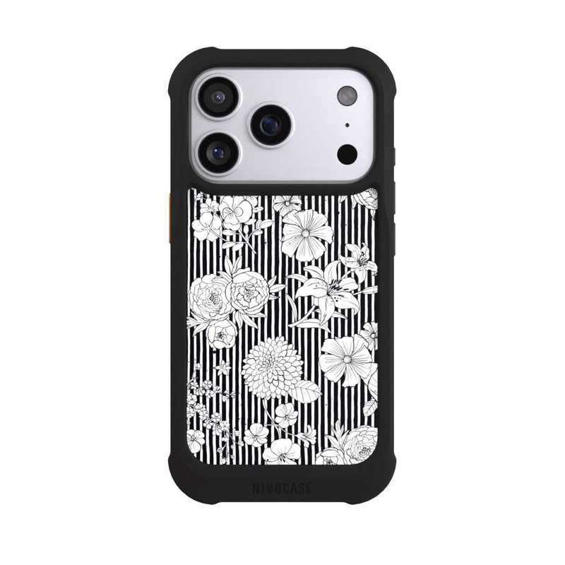 iPhone 17 Pro NIVOmax Fleurs et rayures noir et blanc