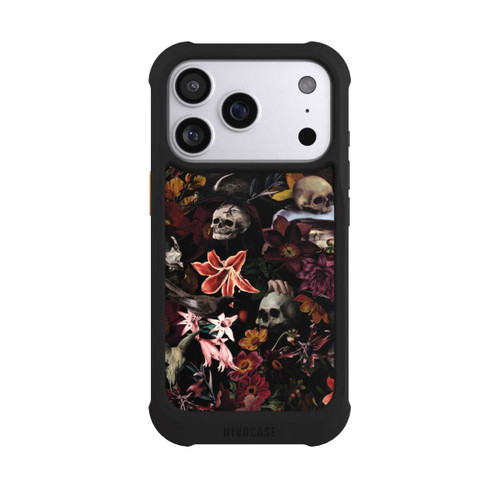 Apple iPhone 17 Pro NIVOmax Totenköpfe und Blumen auf dunklem Hintergrund