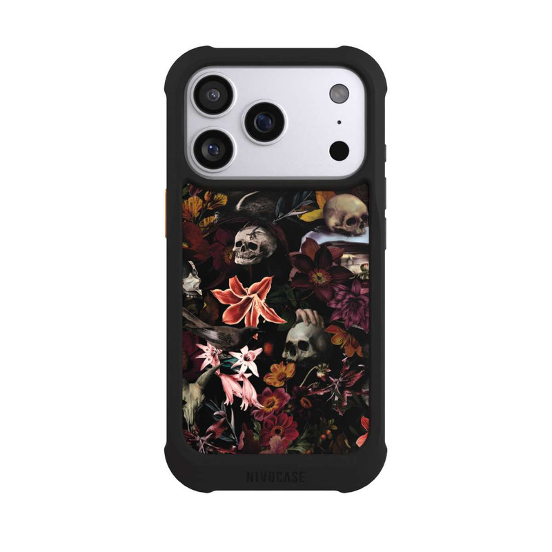 iPhone 17 Pro NIVOmax Crânes et fleurs sur fond sombre