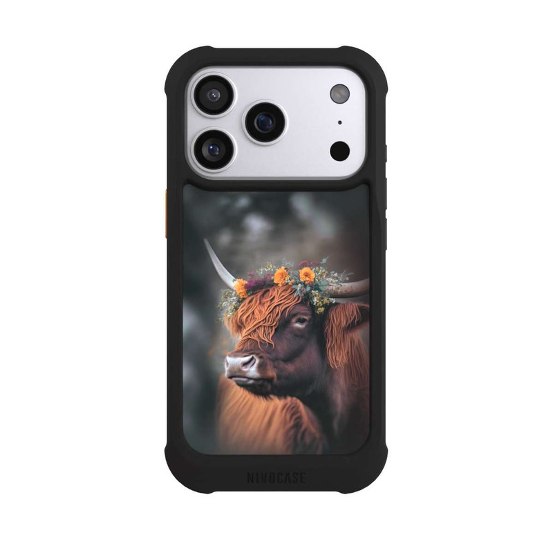iPhone 17 Pro NIVOmax Vache des Highlands avec des fleurs avec IA