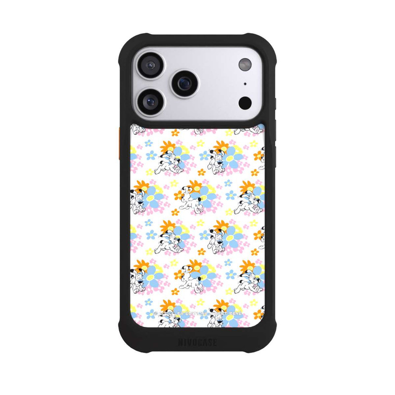 iPhone 17 Pro Max NIVOmax Idéfix sur fleurs colorées