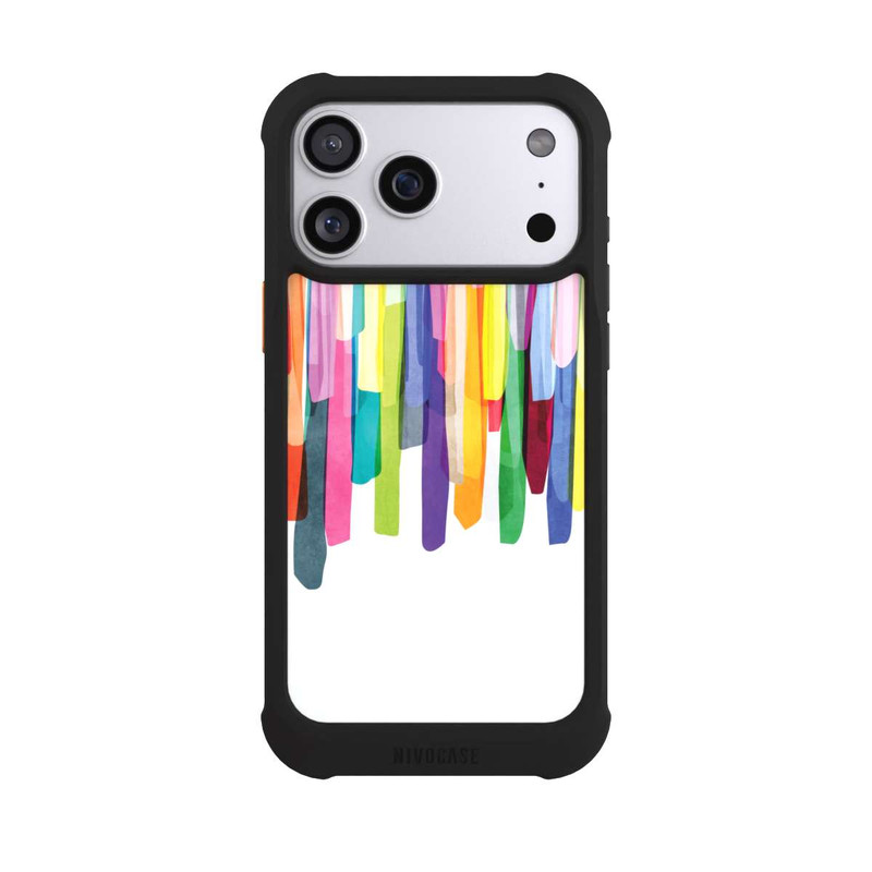 iPhone 17 Pro Max NIVOmax Rayures colorées fond blanc