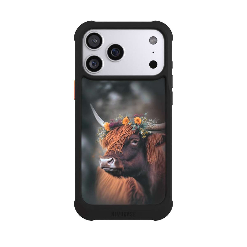 iPhone 17 Pro Max NIVOmax Vache des Highlands avec des fleurs avec IA