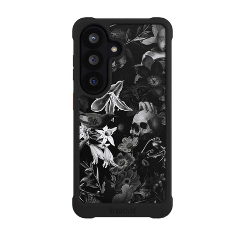 Samsung Galaxy S26 NIVOmax Totenköpfe und Blumen auf schwarzem Hintergrund