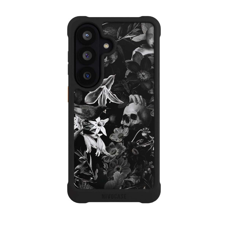 Galaxy S26 NIVOmax Totenköpfe und Blumen auf schwarzem Hintergrund
