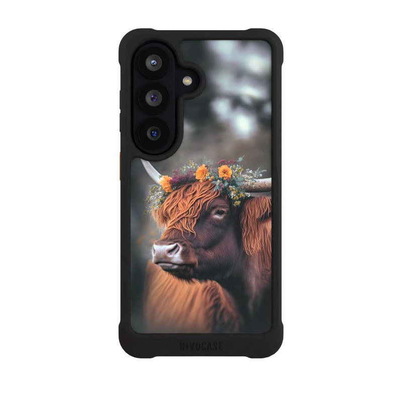 Galaxy S26 NIVOmax Vache des Highlands avec des fleurs avec IA