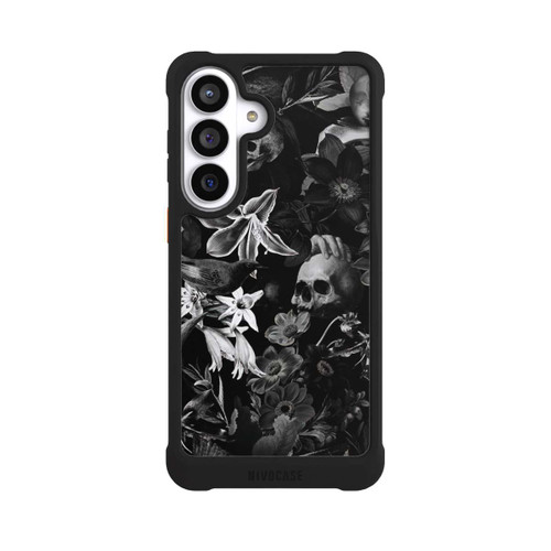 Samsung Galaxy S26+ NIVOmax Totenköpfe und Blumen auf schwarzem Hintergrund