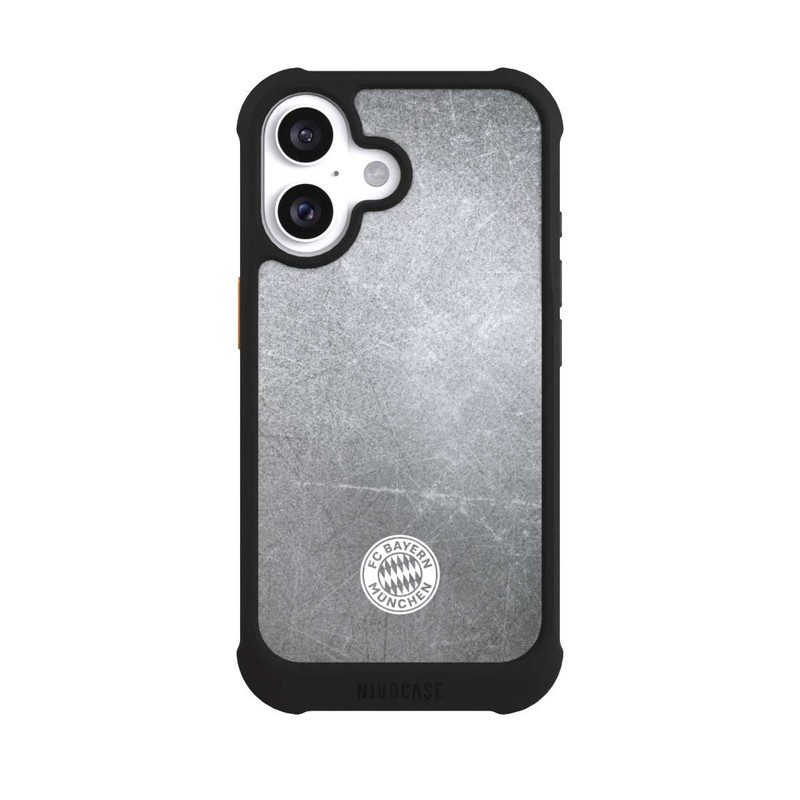 iPhone 16 NIVOmax Klassisches FCB Logo Klein - Weiß auf Metalllook