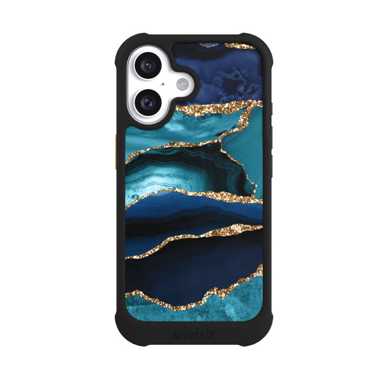 iPhone 16 NIVOmax Dark and Light Blue Marble Gold Glitter Look