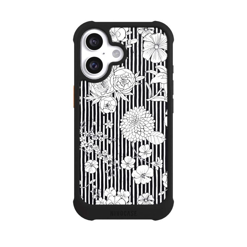 iPhone 16 NIVOmax Blumen und Streifen Schwarz und Weiß
