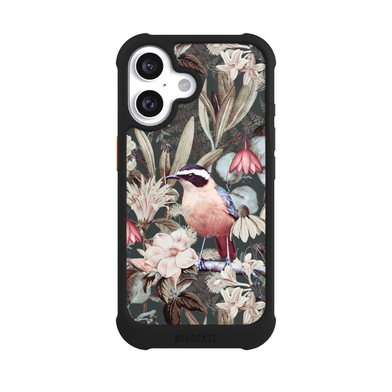 iPhone 16 NIVOmax Orangefarbener Vogel im Vintage Blumenmuster