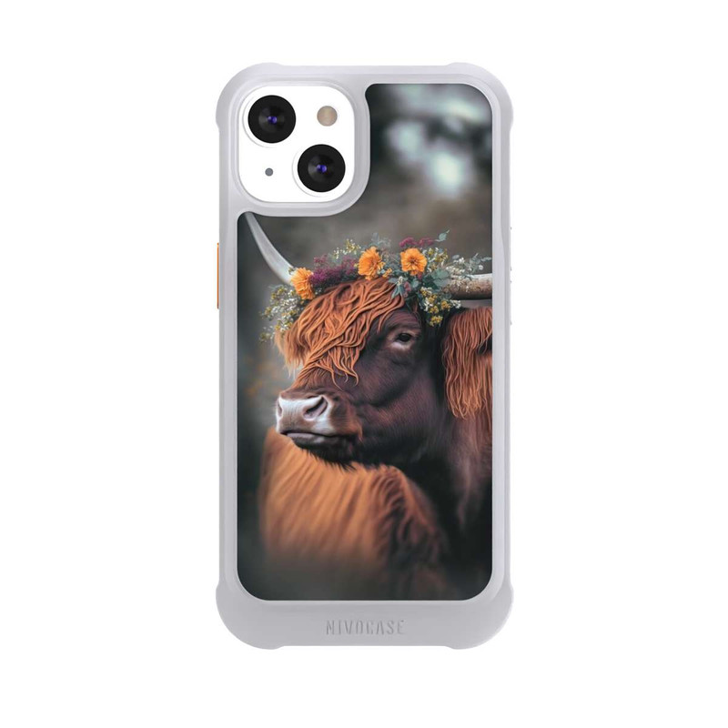 iPhone 13 NIVOmax Vache des Highlands avec des fleurs avec IA