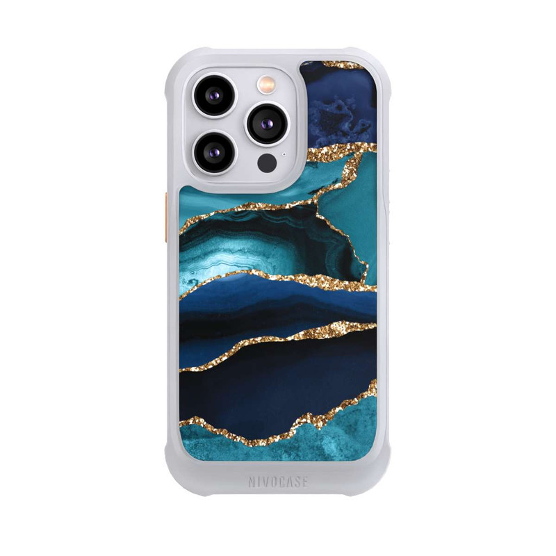 iPhone 14 Pro NIVOmax Aspect pailleté doré marbré bleu foncé et bleu clair