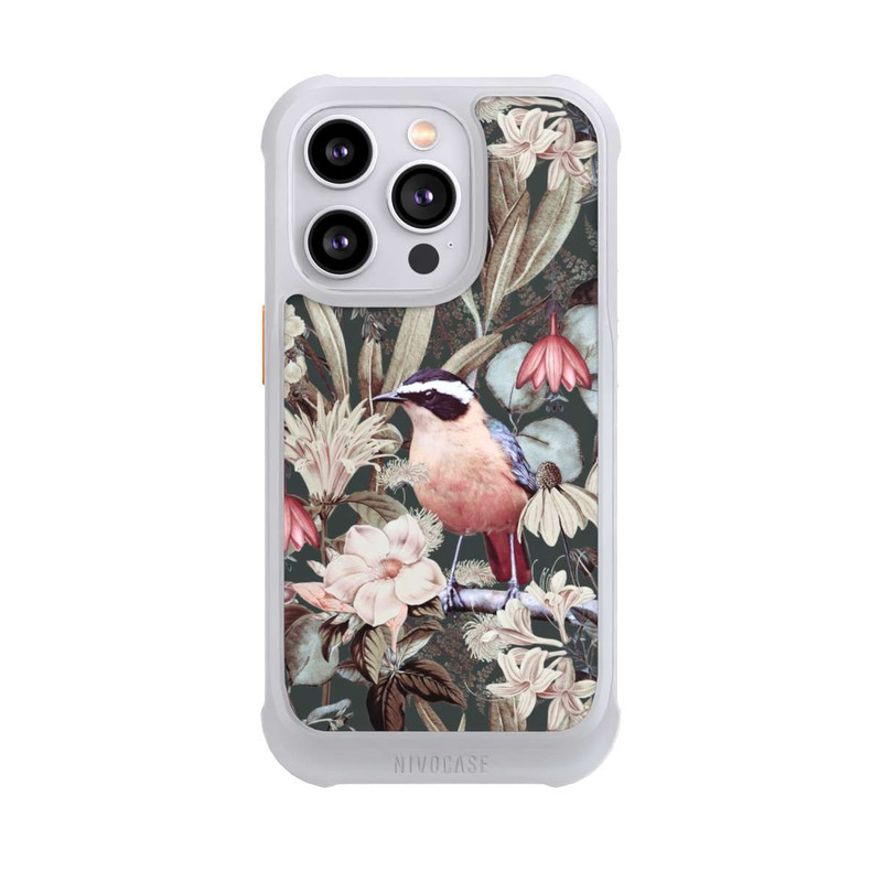 iPhone 14 Pro NIVOmax Orangefarbener Vogel im Vintage Blumenmuster