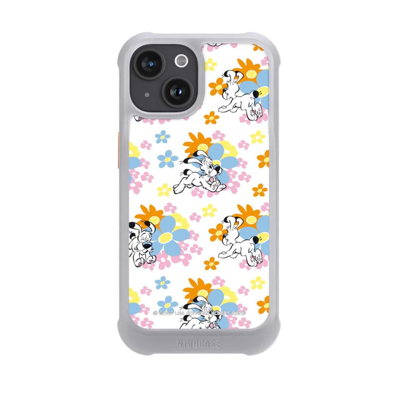 iPhone 15 NIVOmax Idéfix sur fleurs colorées