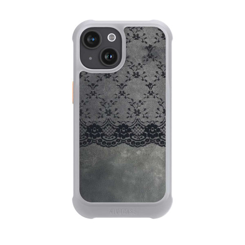 Apple iPhone 15 NIVOmax Schwarzes Spitzenmuster auf grauem Hintergrund