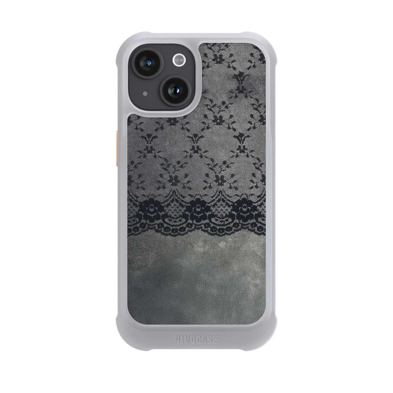 iPhone 15 NIVOmax Schwarzes Spitzenmuster auf grauem Hintergrund