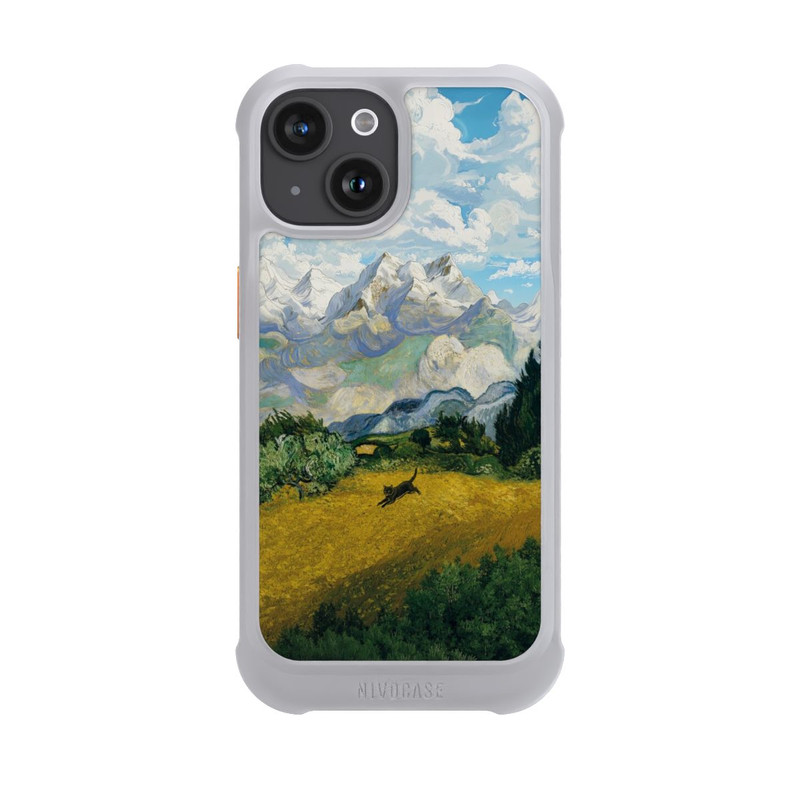 iPhone 15 NIVOmax Champ de blé avec cyprès, par Van Gogh, avec un chat avec l'IA