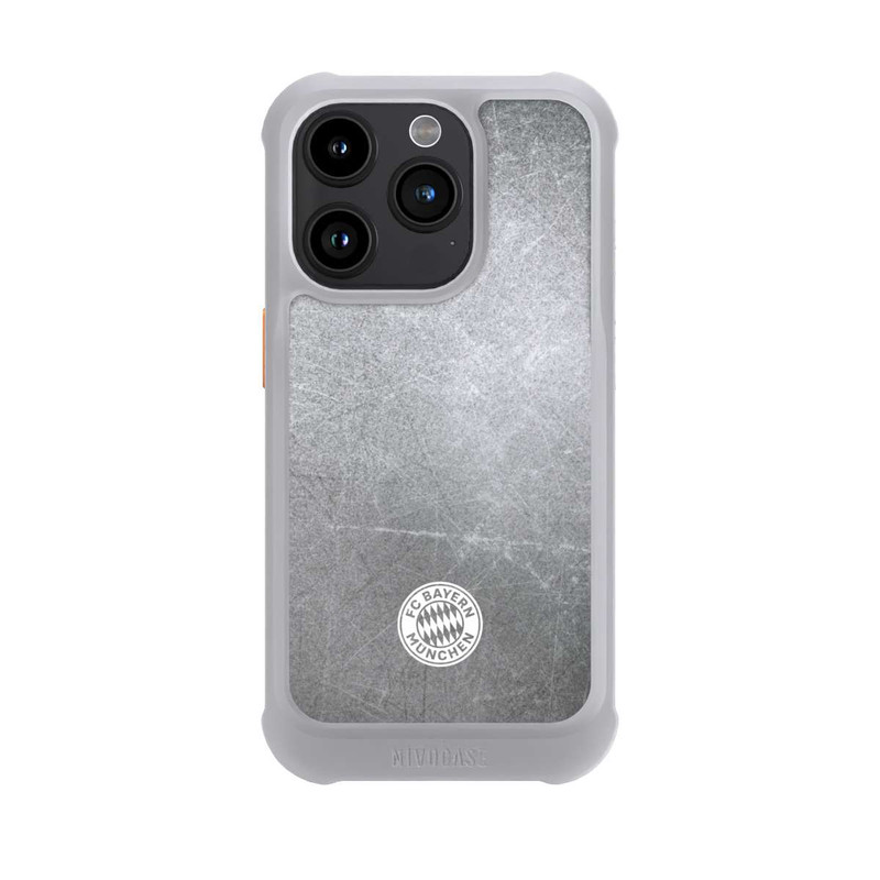 iPhone 15 Pro NIVOmax Logo FCB Classique Petit - Blanc sur Fond Métallique